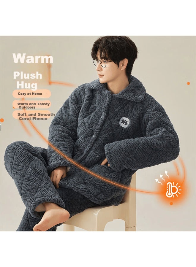 LANG SHA Langsha Men's Three-layer Quilted Thermal Winter Coral Fleece Pajama Set Two-piece Homewear Outerwear - Image 4