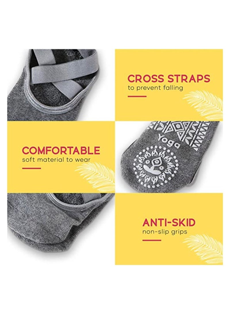 Yoga Socks for Women Non Slip Grips & Straps 3 Pairs  Multicolor Dance Pilates Barre Barefoot Workout - Image 3