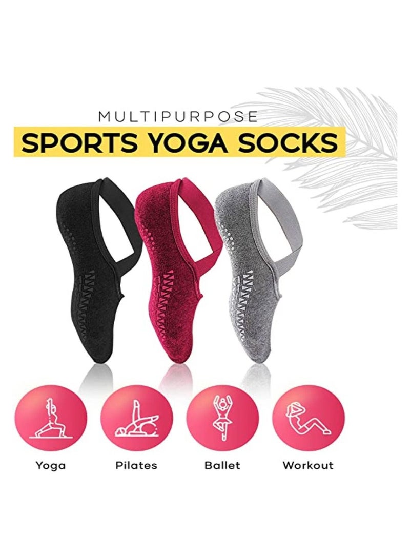 Yoga Socks for Women Non Slip Grips & Straps 3 Pairs  Multicolor Dance Pilates Barre Barefoot Workout - Image 5