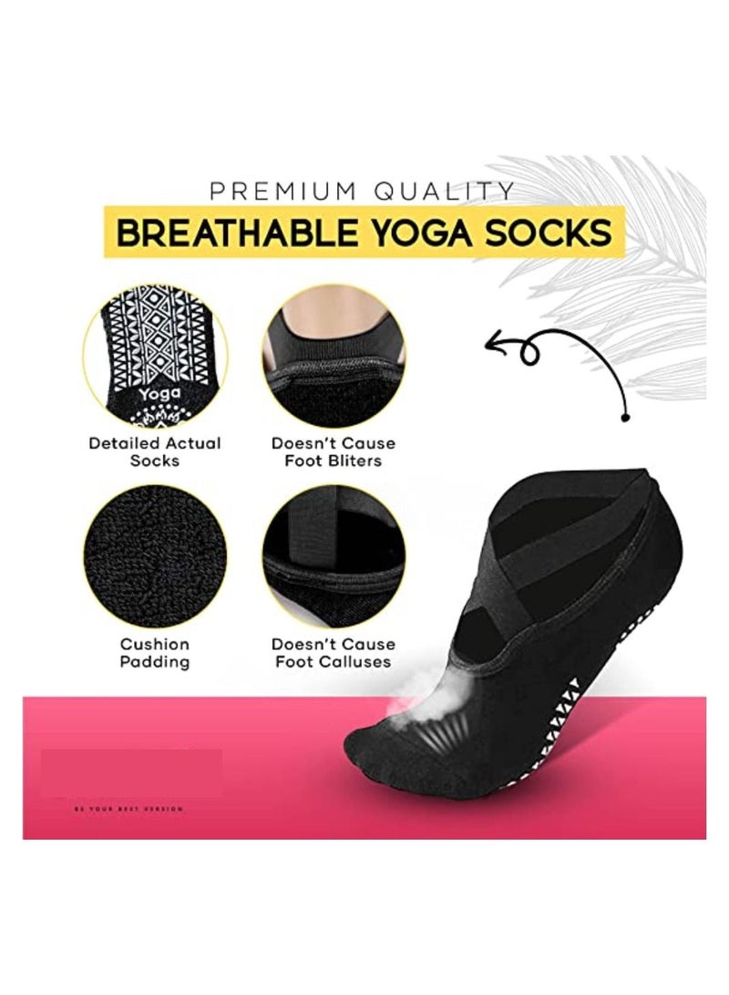 Yoga Socks for Women Non Slip Grips & Straps 3 Pairs  Multicolor Dance Pilates Barre Barefoot Workout - Image 2