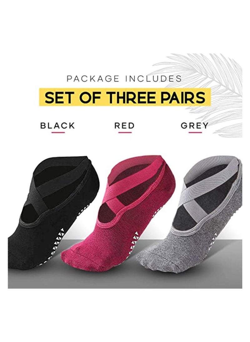 Yoga Socks for Women Non Slip Grips & Straps 3 Pairs  Multicolor Dance Pilates Barre Barefoot Workout - Image 4