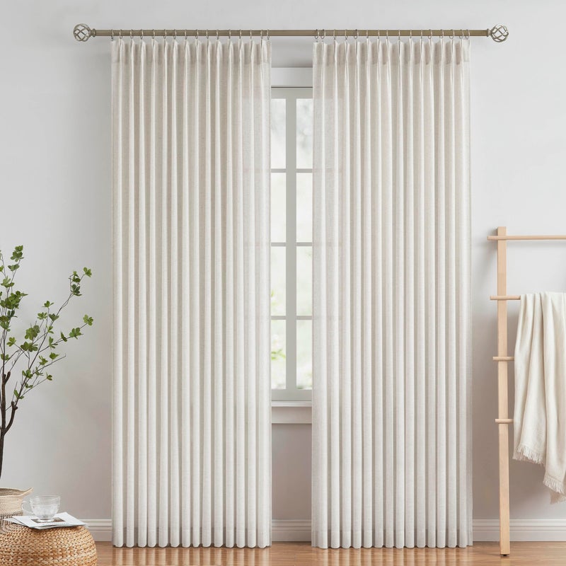 Vision Home Natural Pinch Pleated Semi Sheer Curtains Textured Linen Blended Light Filtering Window Curtains 90 inch for Living Room Bedroom Pinch Pleat Drapes with Hooks 2 Panels 42" Wx90 L - Image 1