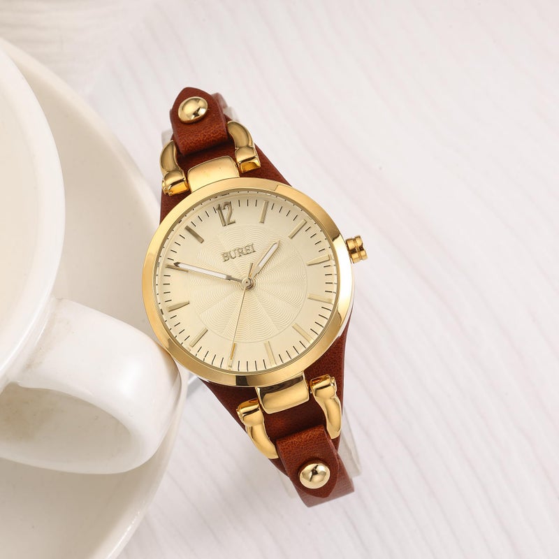 BUREI Women Watches Simple Leather Strap Watch Luxury Quartz Watches Small Thin Ladies Watch Bracelet Band Wristwatch Relogio Feminino (Golden face Brown) - Image 2