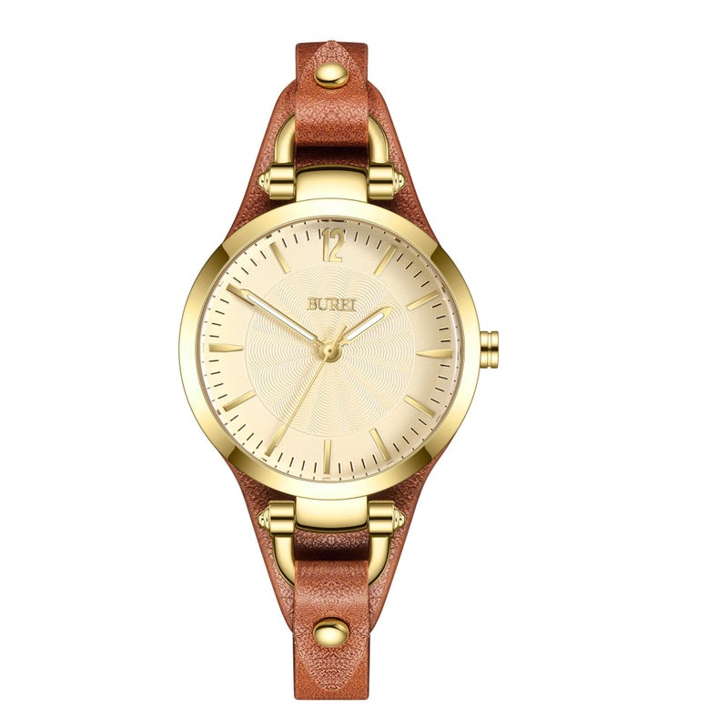 BUREI Women Watches Simple Leather Strap Watch Luxury Quartz Watches Small Thin Ladies Watch Bracelet Band Wristwatch Relogio Feminino (Golden face Brown) - Image 1