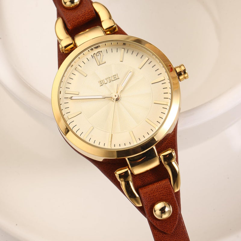 BUREI Women Watches Simple Leather Strap Watch Luxury Quartz Watches Small Thin Ladies Watch Bracelet Band Wristwatch Relogio Feminino (Golden face Brown) - Image 3