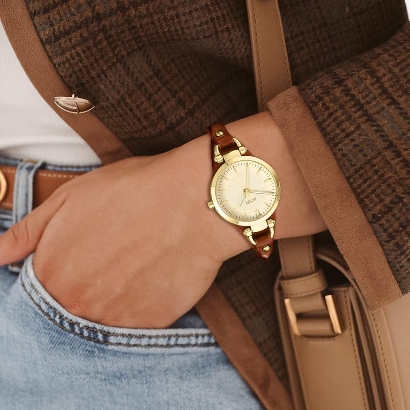 BUREI Women Watches Simple Leather Strap Watch Luxury Quartz Watches Small Thin Ladies Watch Bracelet Band Wristwatch Relogio Feminino (Golden face Brown) - Image 5