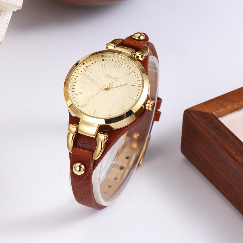BUREI Women Watches Simple Leather Strap Watch Luxury Quartz Watches Small Thin Ladies Watch Bracelet Band Wristwatch Relogio Feminino (Golden face Brown) - Image 4