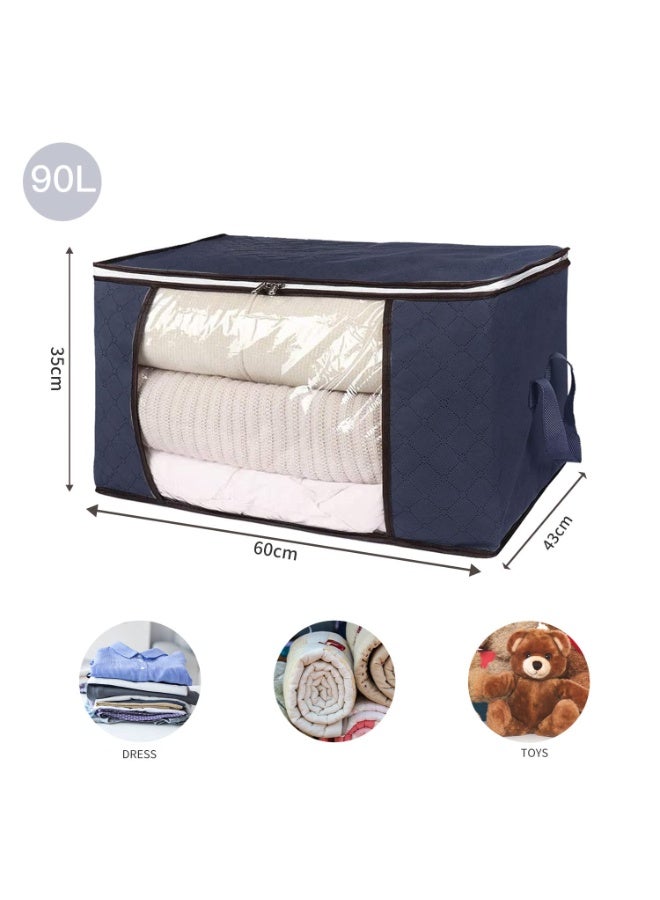 JZS Clothes Storage Bag 90L, Large Capacity Organizer with Thick Non-woven Fabric for Comforters, Bedding, Blankets, Foldable with Clear Window, 3 Pack(Blue) - Image 2
