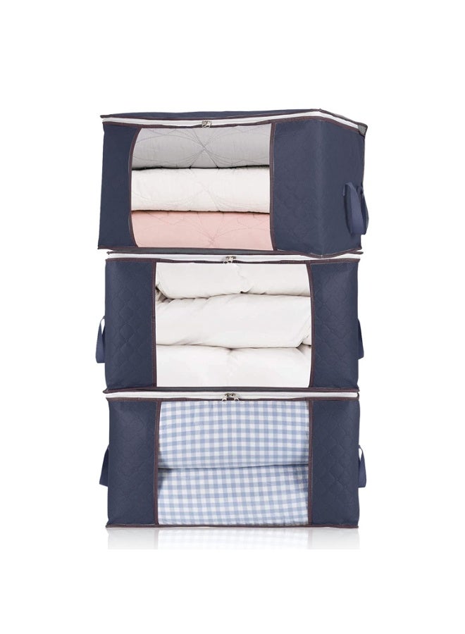 JZS Clothes Storage Bag 90L, Large Capacity Organizer with Thick Non-woven Fabric for Comforters, Bedding, Blankets, Foldable with Clear Window, 3 Pack(Blue) - Image 1