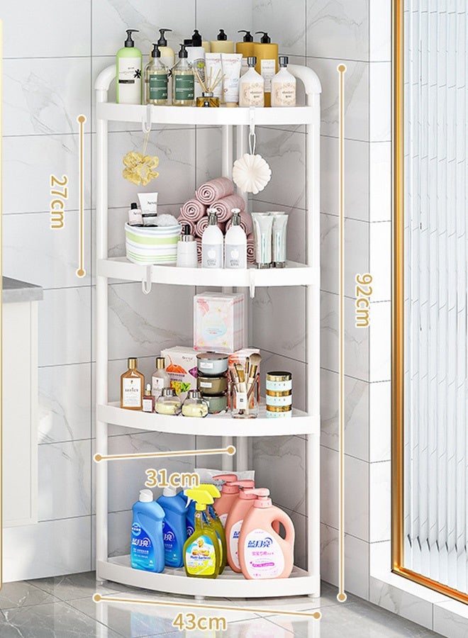 4 - Tier  Corner Shelf - Corner Shower Caddy Standing - Tier Rust Proof Floor Standing Shower Organizer with 4 Hooks, Waterproof Corner Stand Shower Shelf Storage Rack Ideal for Bathroom, Kitchen, Balcony & Living Room - With Free Hooks(White)  - Image 2