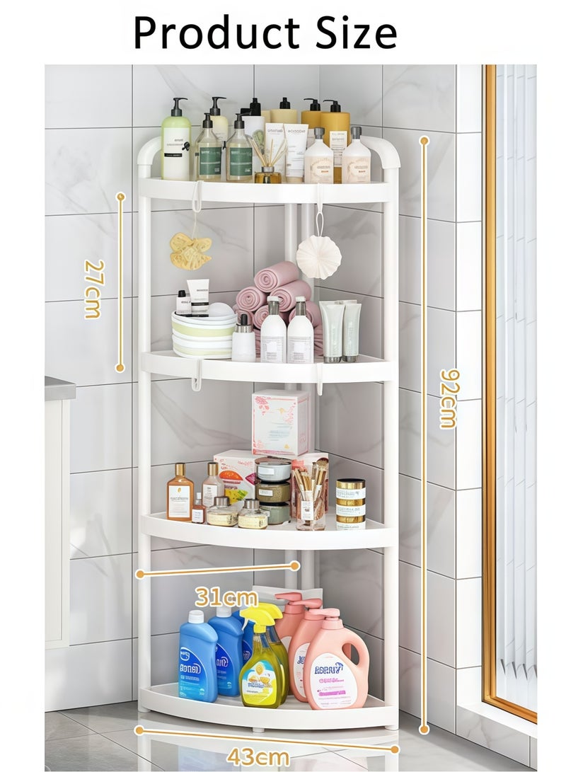 رف زاوية من 4 طبقات - حامل دش زاوية قائم - منظم دش مقاوم للصدأ على الأرض مع 4 خطافات، حامل زاوية مقاوم للماء، رف تخزين دش مثالي للحمام والمطبخ والشرفة وغرفة المعيشة - مع خطافات مجانية (أبيض) - Image 2