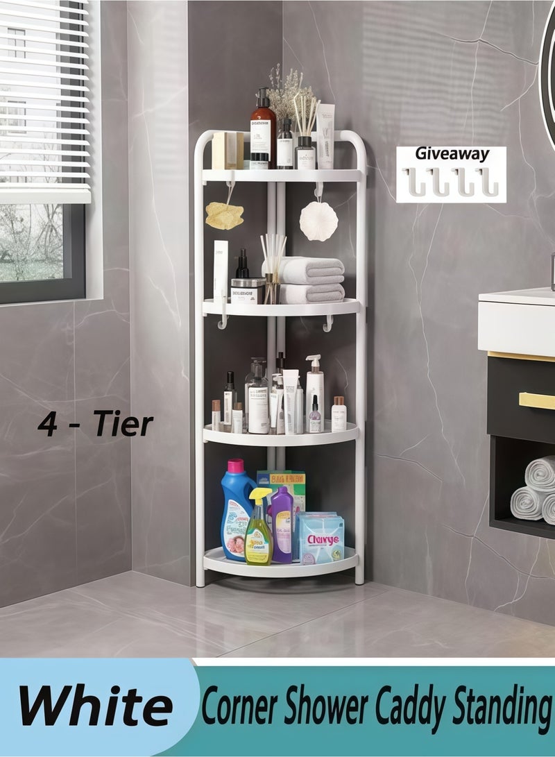 رف زاوية من 4 طبقات - حامل دش زاوية قائم - منظم دش مقاوم للصدأ على الأرض مع 4 خطافات، حامل زاوية مقاوم للماء، رف تخزين دش مثالي للحمام والمطبخ والشرفة وغرفة المعيشة - مع خطافات مجانية (أبيض) - Image 1