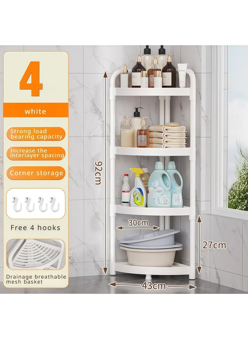 رف زاوية من 4 طبقات، حامل دش زاوية، عربة تخزين من 4 طبقات، منظم دش قائم على الأرض مقاوم للصدأ مع 4 خطافات، حامل زاوية مقاوم للماء رف تخزين رف الدش مثالي للحمام والمطبخ والشرفة وغرفة المعيشة - مع خطافات مجانية (أبيض) - Image 2