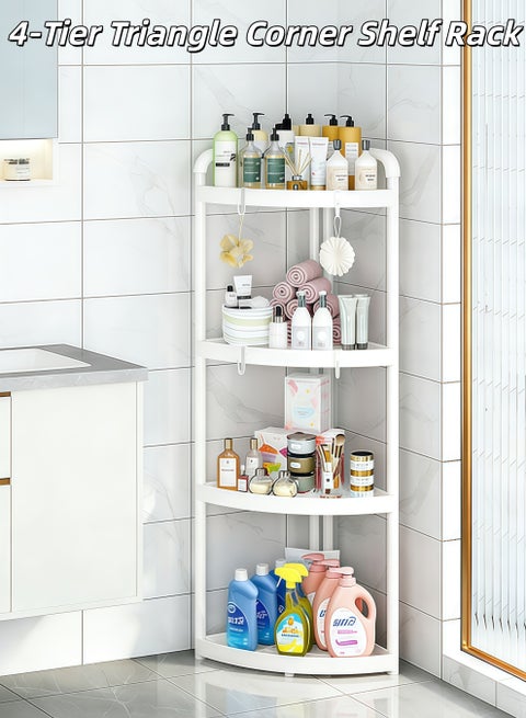 4-Tier Corner Shelf,Corner Shower Caddy Standing,4-Tier Storage Cart,Tier Rust Proof Floor Standing Shower Organizer with 4 Hooks, Waterproof Corner Stand Shower Shelf Storage Rack Ideal for Bathroom, Kitchen, Balcony & Living Room - With Free Hooks(White)