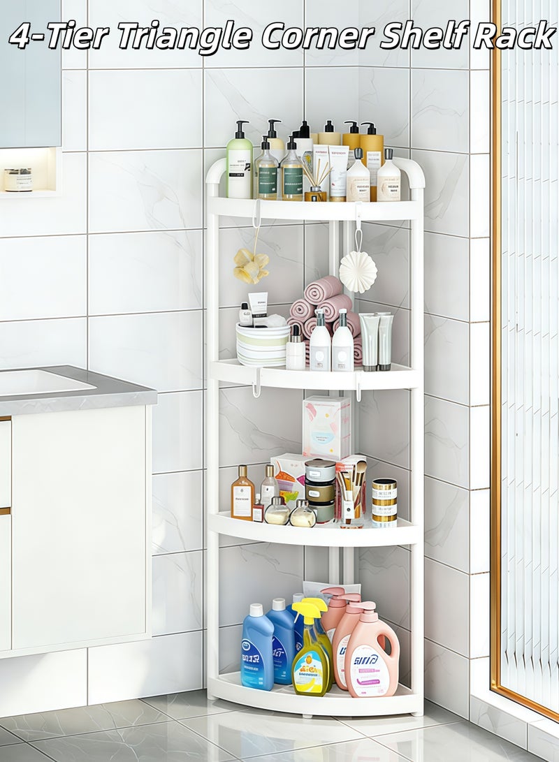 رف زاوية من 4 طبقات، حامل دش زاوية، عربة تخزين من 4 طبقات، منظم دش قائم على الأرض مقاوم للصدأ مع 4 خطافات، حامل زاوية مقاوم للماء رف تخزين رف الدش مثالي للحمام والمطبخ والشرفة وغرفة المعيشة - مع خطافات مجانية (أبيض) - Image 1