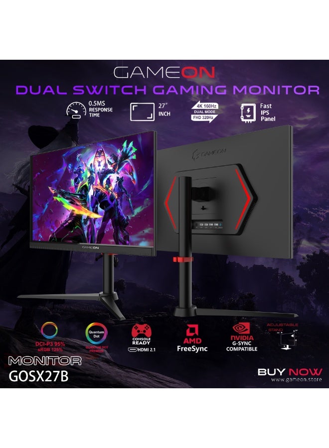 GAMEON GOSX27B Dual Switch Series, Black Gaming Monitor 27 inch, 3840x2160p 4K UHD / 1920x1080p FHD, Fast IPS Panel, 160Hz / 320Hz, 0.5ms, HDMI 2.1, With Stand, FreeSync & G-Sync, Supports HDR10, PS5, VRR Black - Image 2
