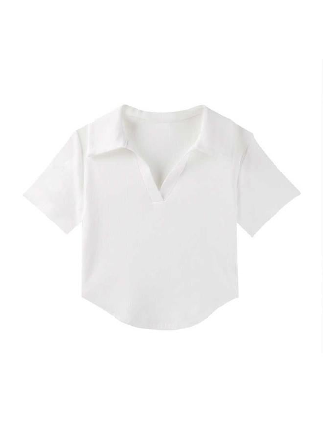 VUELO Summer White Short Polo Collar Short Sleeve T-shirt Small Shirt Women's Half Sleeve Design Slimming Inner Top Bottoming Shirt