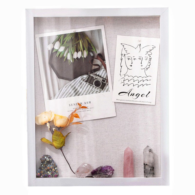 Muzilife 8x10 Shadow Box Picture Frame with Linen Board - Deep Wood & Glass Display Case Ready to Hang Memory Box Baby Sports Memorabilia  Pins  Awards  Medals  Wedding  Tickets and Photos (White)