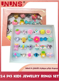 UNUNS 24 Pcs Little Girl Adjustable Rings,Jewelry Adjustable Rings In Box,Kids Jewelry Rings Set,Pretend Play Dress Up Rings,Random Shape Color,Birthday Gift,Goodie Bags Stuffers,Pinata Fillers  - Image 1