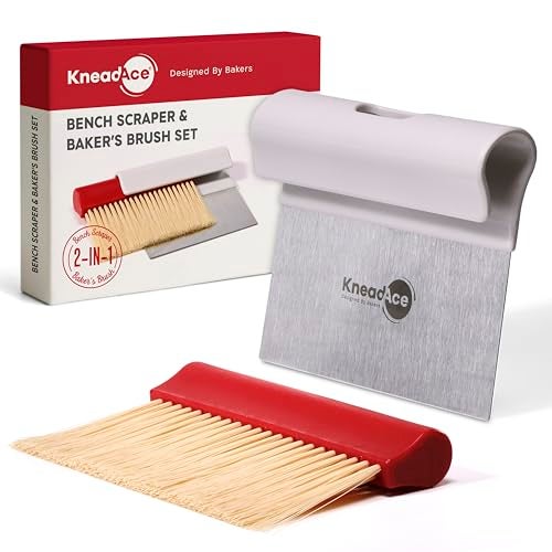 KneadAce Dough Scraper & Baker’s Brush Set. Stainless Steel Bench Scraper & Flour Cleaning Brush. Kitchen Tool for Pastry, Sourdough and Baking Prep Bread Dough Cutter, Gift For Bakers (White/Red) - Image 1