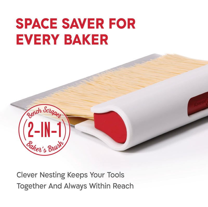 KneadAce Dough Scraper & Baker’s Brush Set. Stainless Steel Bench Scraper & Flour Cleaning Brush. Kitchen Tool for Pastry, Sourdough and Baking Prep Bread Dough Cutter, Gift For Bakers (White/Red) - Image 2