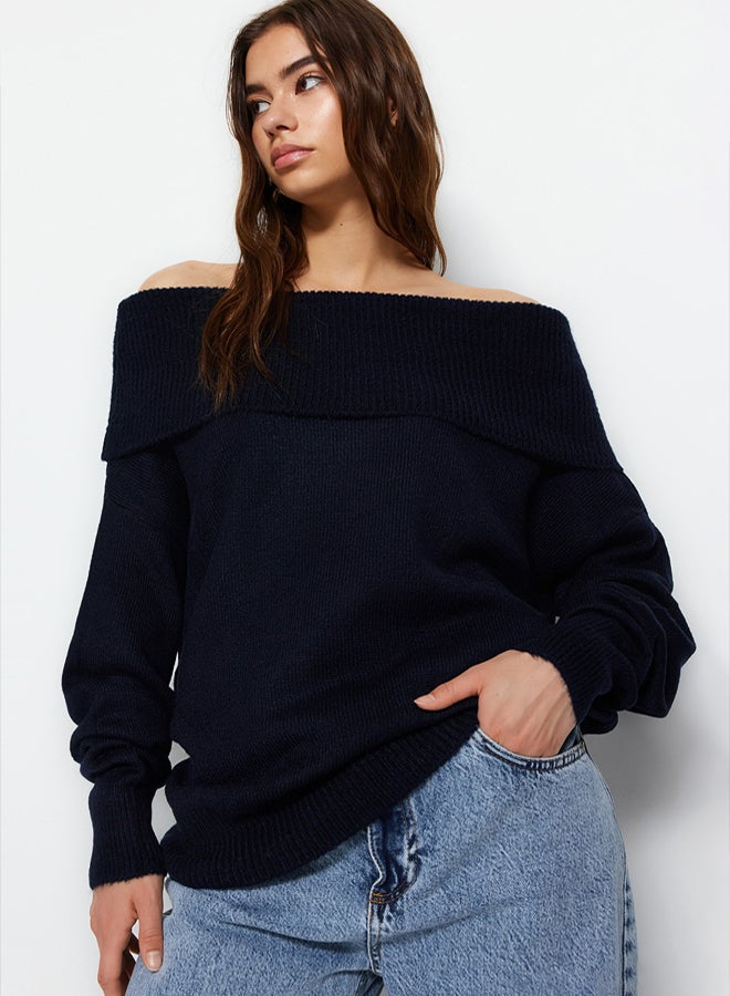trendyol Navy Blue Soft Textured Carmen Collar Knitwear Sweater - Image 3