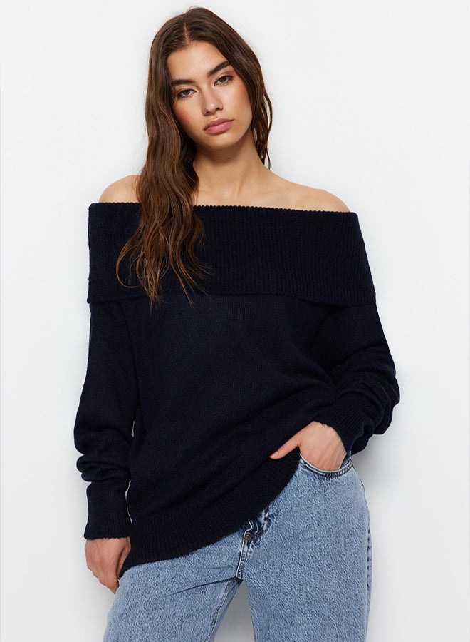 trendyol Navy Blue Soft Textured Carmen Collar Knitwear Sweater - Image 1