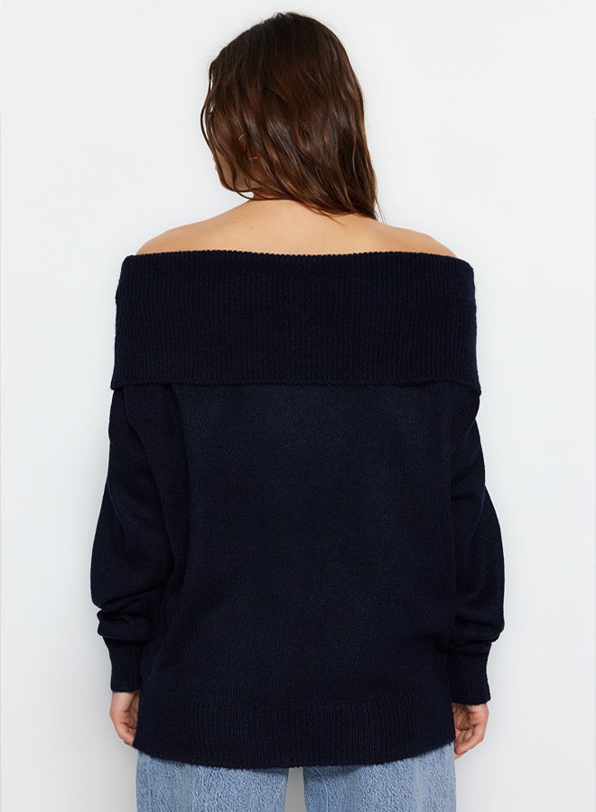 trendyol Navy Blue Soft Textured Carmen Collar Knitwear Sweater - Image 5