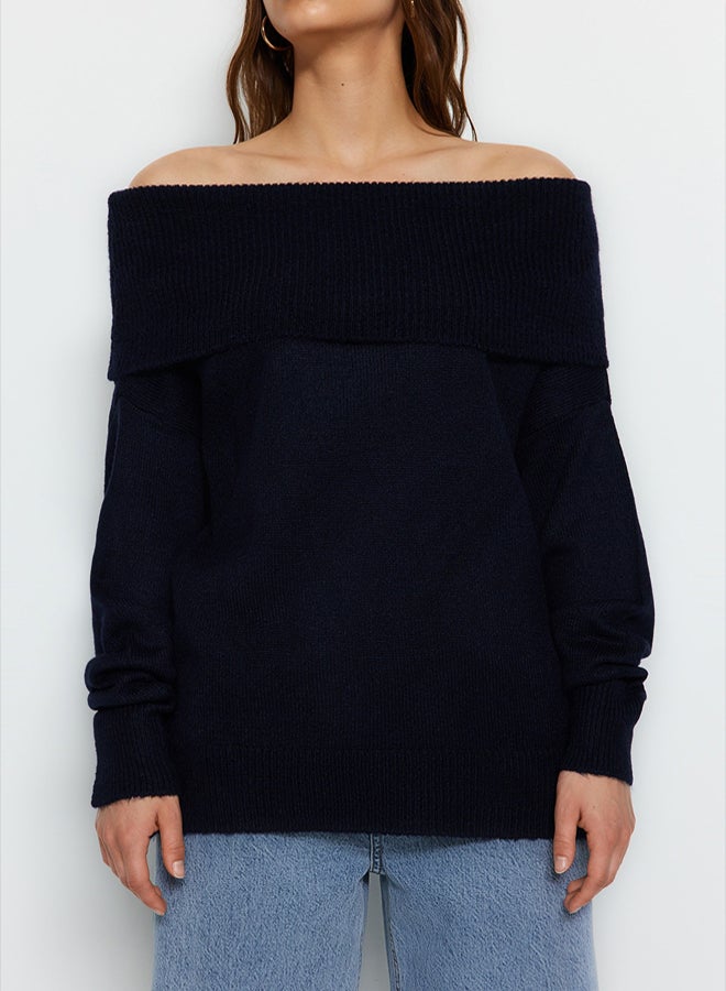 trendyol Navy Blue Soft Textured Carmen Collar Knitwear Sweater - Image 4