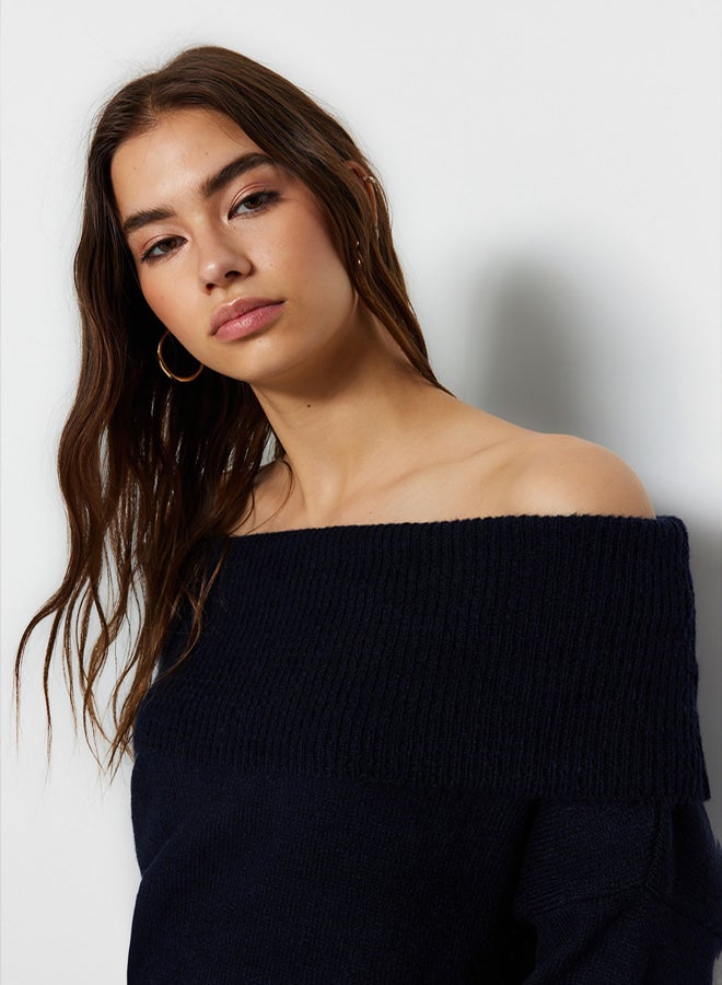 trendyol Navy Blue Soft Textured Carmen Collar Knitwear Sweater - Image 2