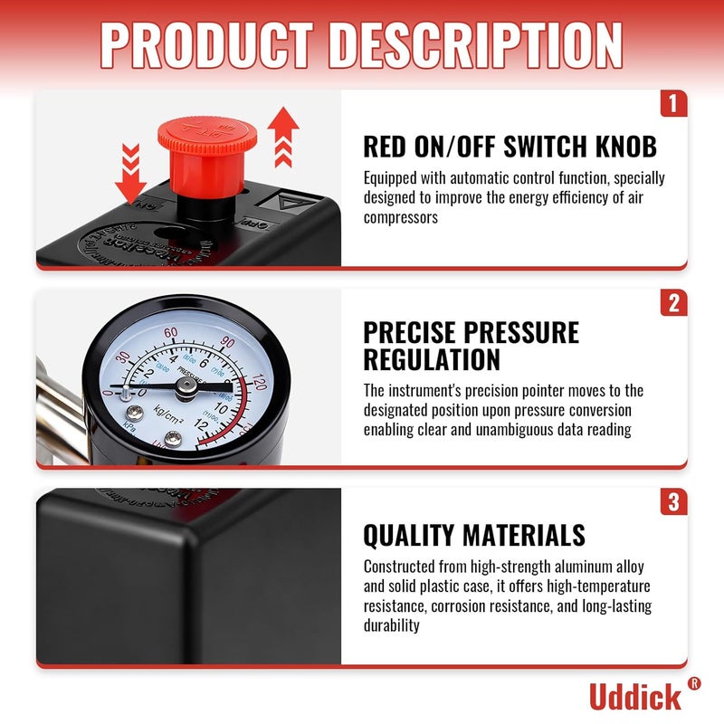 Uddick Air Compressor Pressure Control Switch with Gauge Regulator Control Valve,Manifold Regulator Air Compressor Parts,Pressure Switch Assembly of Regulating Valve - Image 3