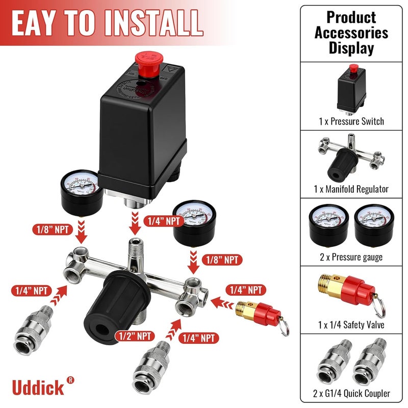 Uddick Air Compressor Pressure Control Switch with Gauge Regulator Control Valve,Manifold Regulator Air Compressor Parts,Pressure Switch Assembly of Regulating Valve - Image 5