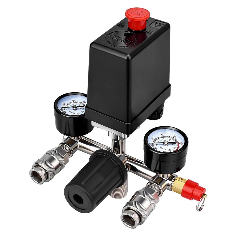 Uddick Air Compressor Pressure Control Switch with Gauge Regulator Control Valve,Manifold Regulator Air Compressor Parts,Pressure Switch Assembly of Regulating Valve - Image 1