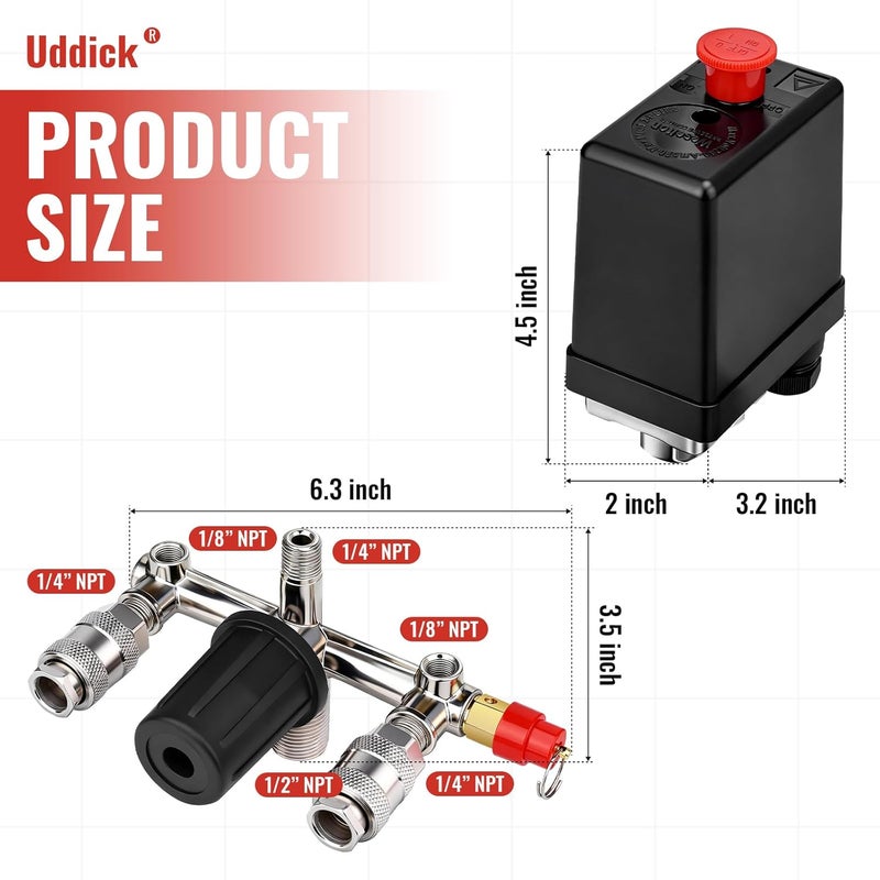 Uddick Air Compressor Pressure Control Switch with Gauge Regulator Control Valve,Manifold Regulator Air Compressor Parts,Pressure Switch Assembly of Regulating Valve - Image 2