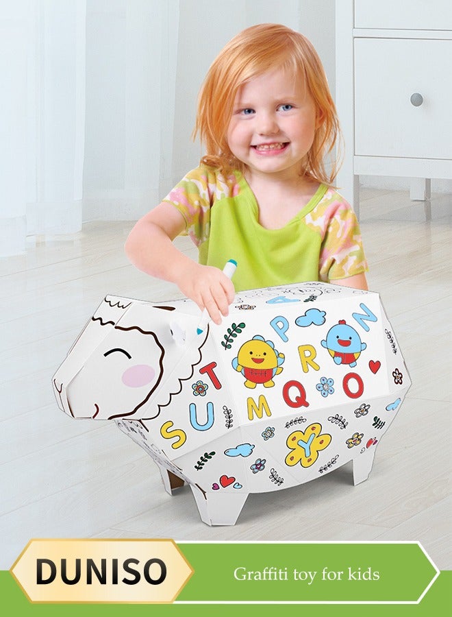 DUNISO Three dimensional assembly graffiti children's toys,DIY Doodle Cardboard Coloring Creative Crafts Play House Project Assemble And Paint Educational Toys For Kids,Lucky Sheep - Image 1