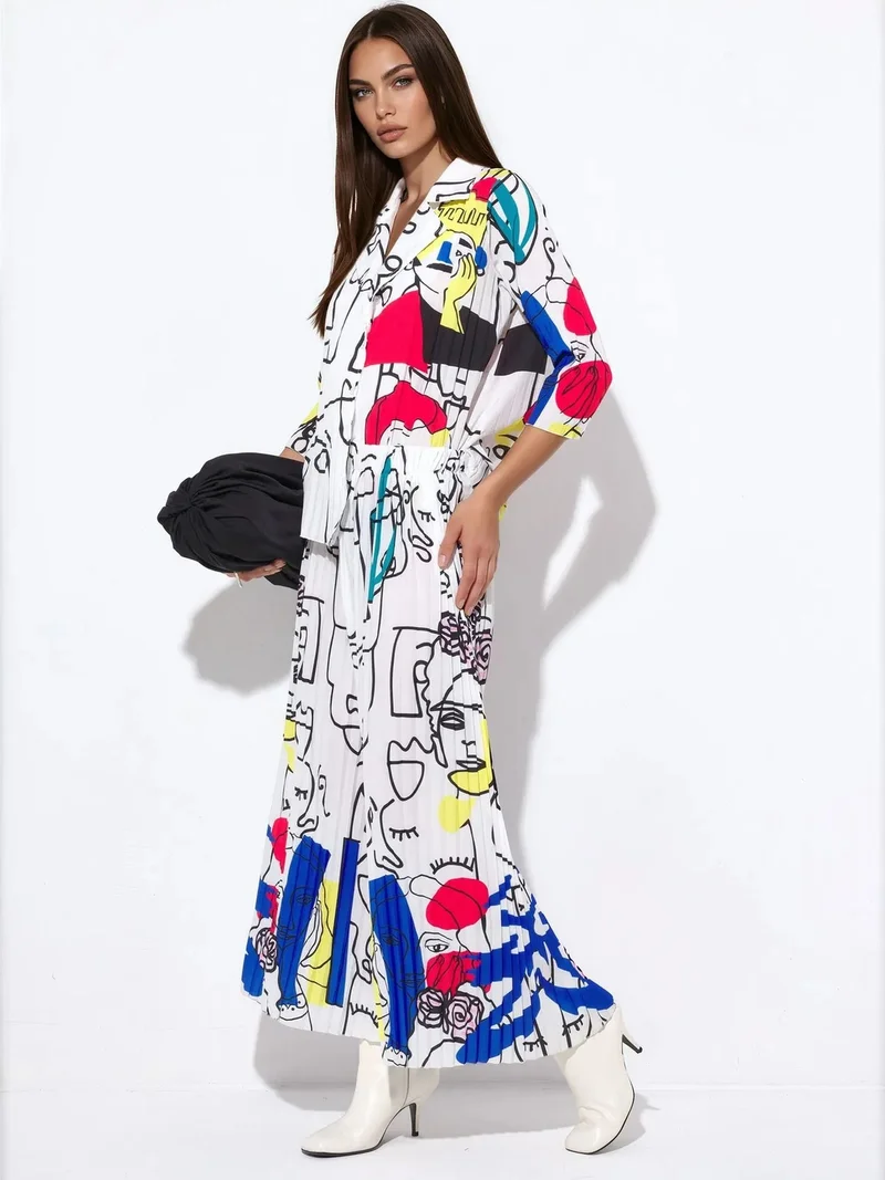 جينيفر Abstract Print Shirt And Wide-Leg Pants Set