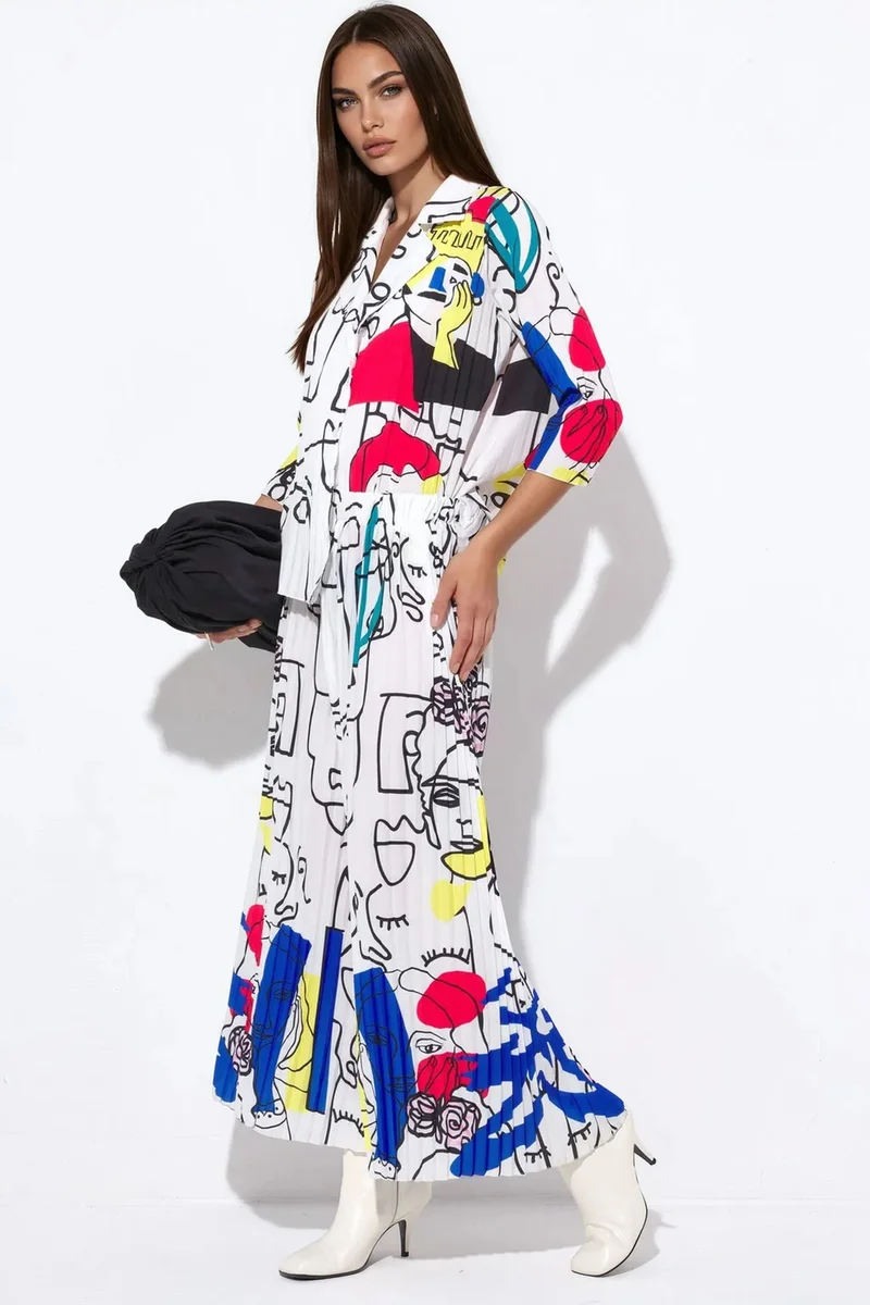 جينيفر Abstract Print Shirt And Wide-Leg Pants Set