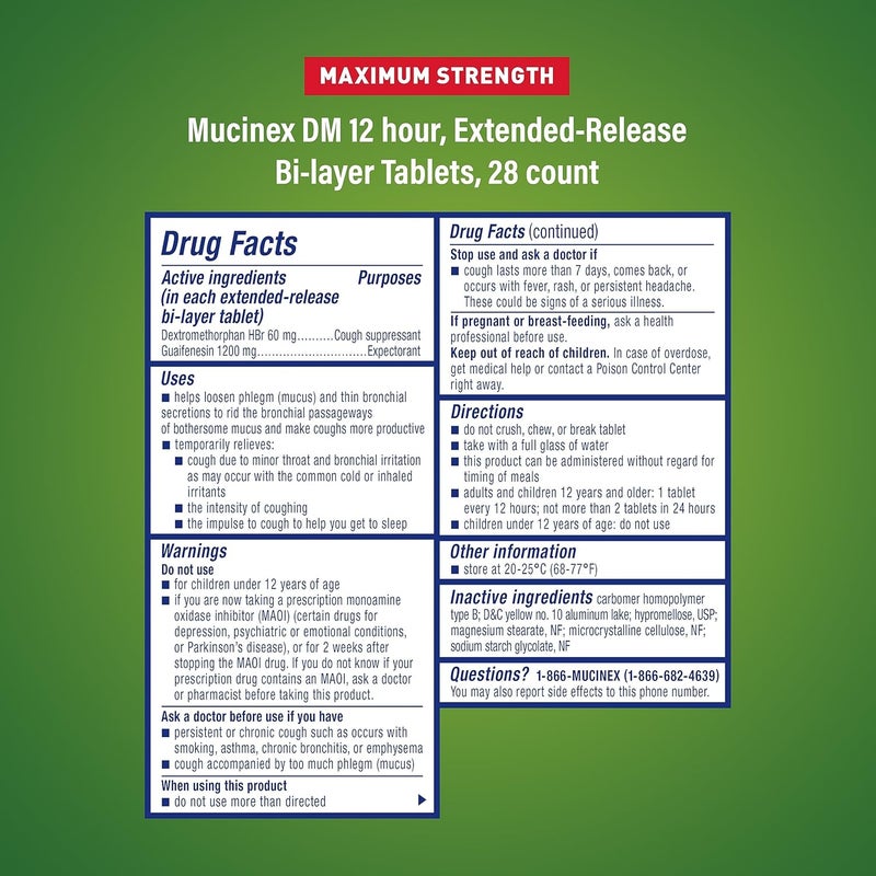 MUCINEX DM Maximum Strength Cough Suppressant Expectorant Tablets 28ct 1200mg Guaifenesin Pack of 2 - Image 2