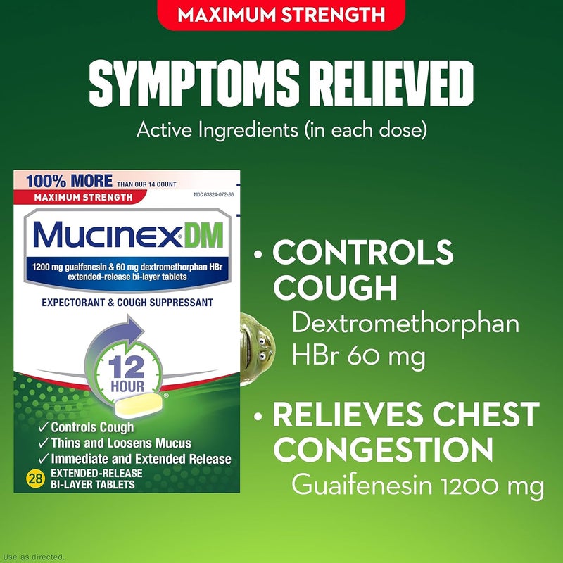 MUCINEX DM Maximum Strength Cough Suppressant Expectorant Tablets 28ct 1200mg Guaifenesin Pack of 2 - Image 3