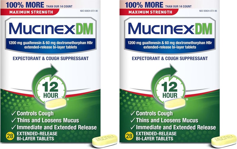 MUCINEX DM Maximum Strength Cough Suppressant Expectorant Tablets 28ct 1200mg Guaifenesin Pack of 2 - Image 1