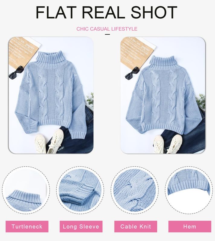 Dokotoo Womens Winter Outifits Fall Casual Turtleneck High Neck Long Sleeve Cable Knit Sweaters Pullover Outerwear Blue Medium - Image 2