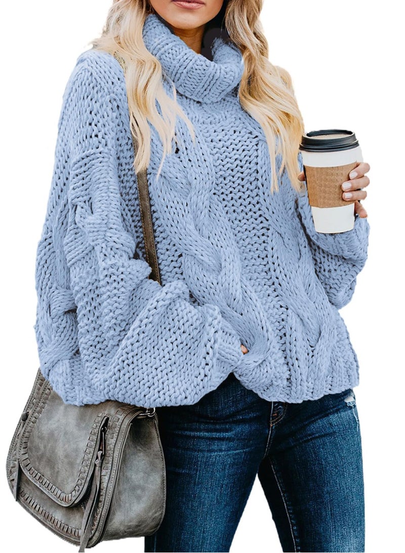 Dokotoo Womens Winter Outifits Fall Casual Turtleneck High Neck Long Sleeve Cable Knit Sweaters Pullover Outerwear Blue Medium - Image 1