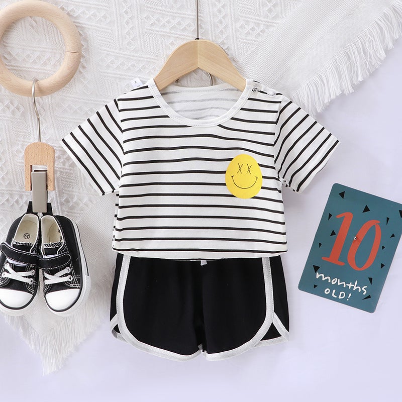 2023 Kids Summer Thin Short Sleeve Set Striped-White Strip 