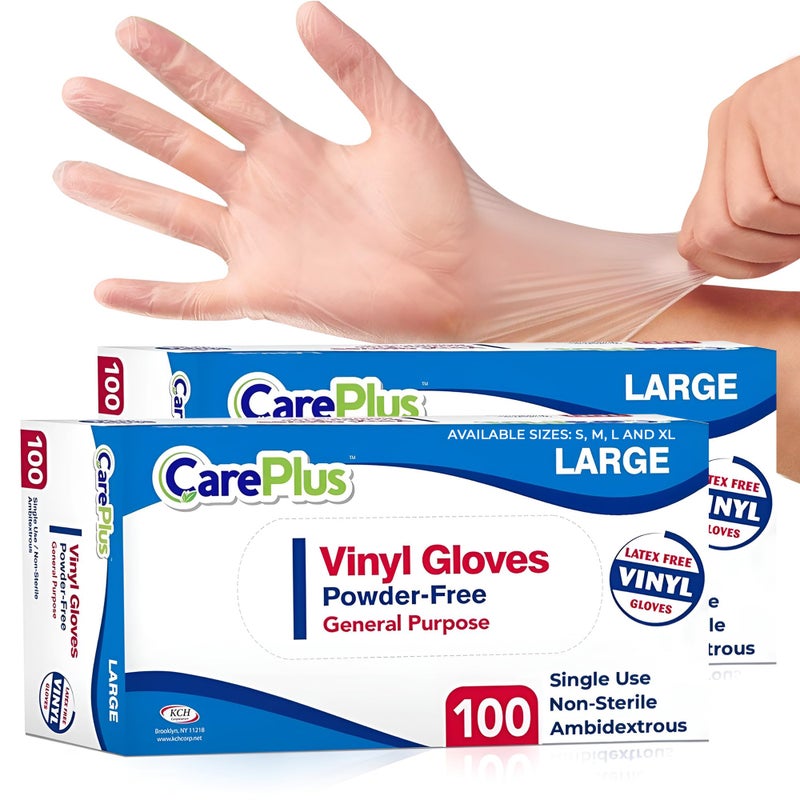 CARE PLUS Vinyl Gloves Clear Large Size 200 Count | Heavy Duty, Non-Sterile, Powder-Free, Latex-Free Rubber | Food Prep, Kitchen & Cleaning Gloves, Ideal for Professional Use - Image 1