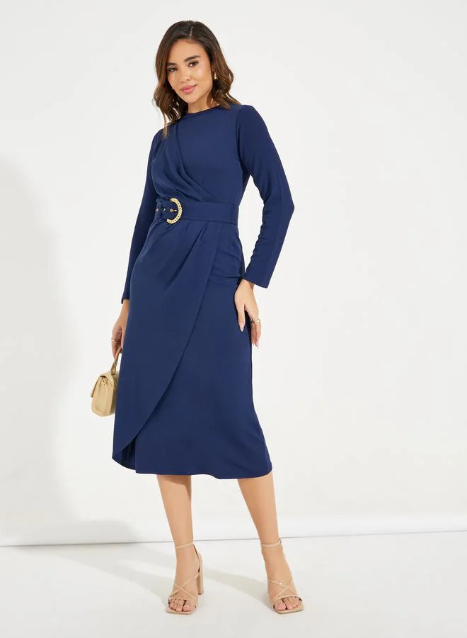 Styli High Neck Wrap Front Belted Midi Dress