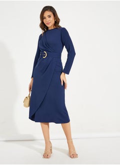 Styli High Neck Wrap Front Belted Midi Dress  - Image 4
