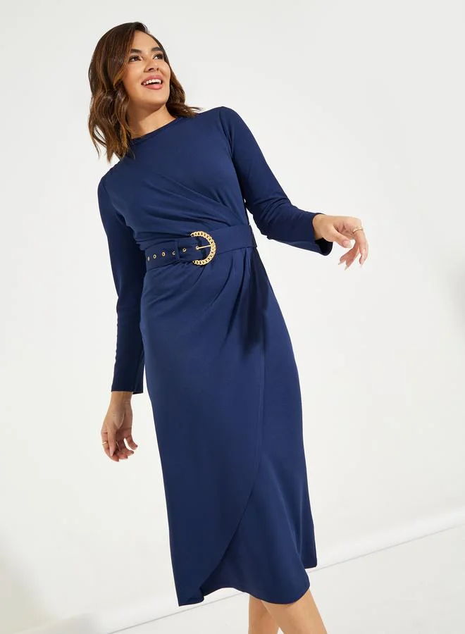 Styli High Neck Wrap Front Belted Midi Dress