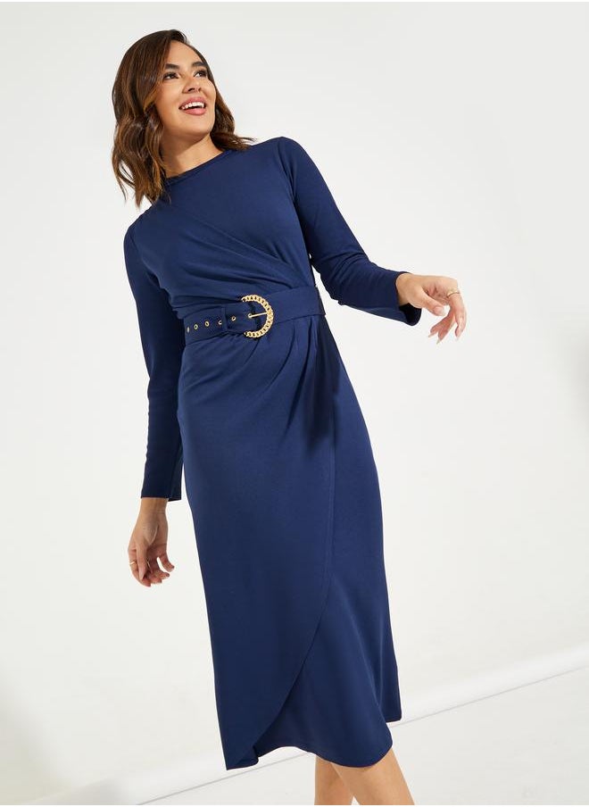 Styli High Neck Wrap Front Belted Midi Dress  - Image 5