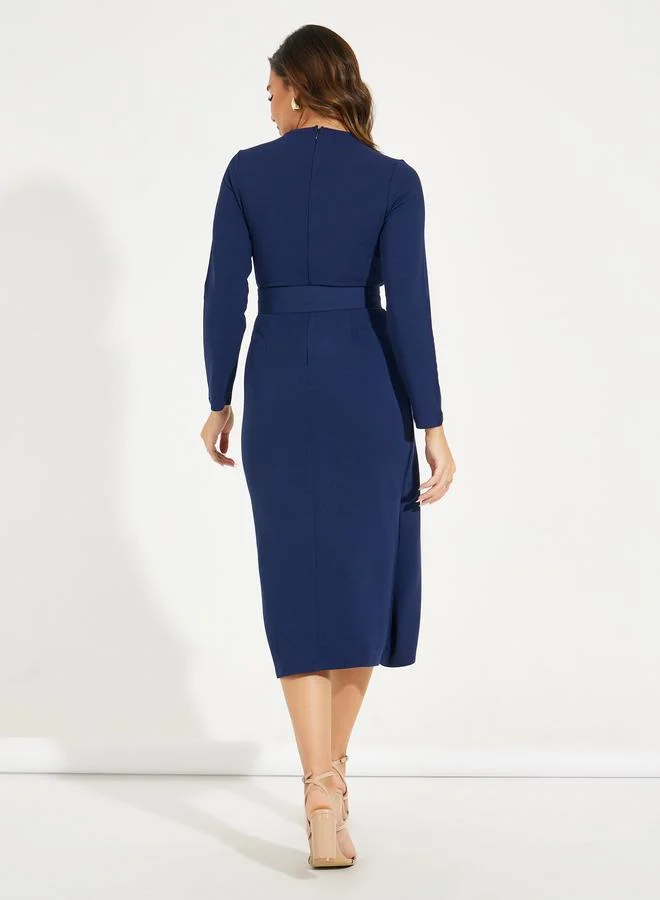 Styli High Neck Wrap Front Belted Midi Dress