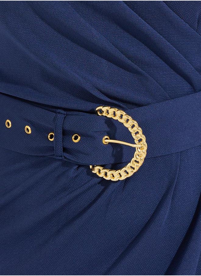 Styli High Neck Wrap Front Belted Midi Dress  - Image 3